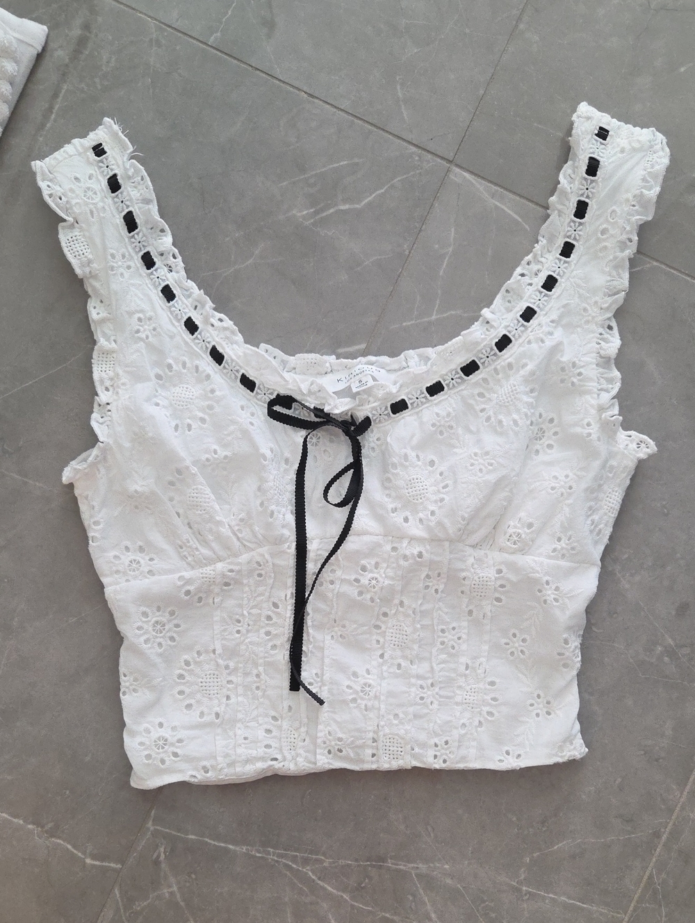 Urban Outfitters White Eyelet Cropped Camisole with Black Ribbon